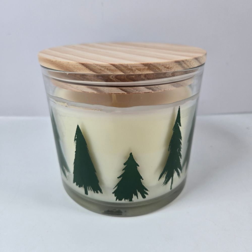 Scentsational Christmas Spirit Candle 26oz White Green Pine Tree 3-Wick Wood Lid